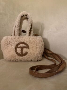 Telfar Cream Sherpa Crossbody with Brown Leather Trim